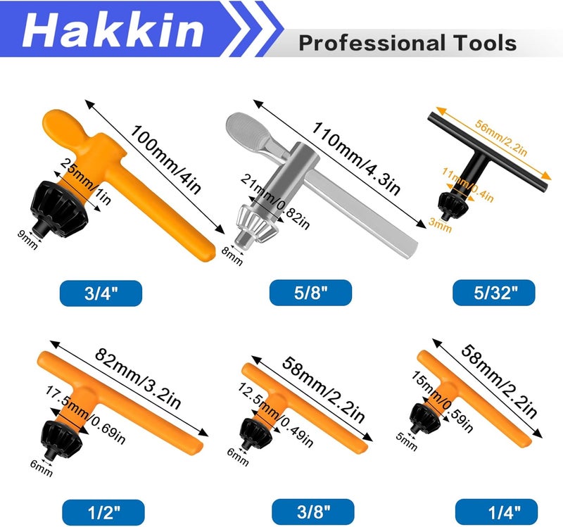 Hakkin 6 Sizes Drill Chuck Key Wrench, 3/4" 5/8" 1/2" 3/8" 1/4" 5/32" Carbon Steel Heavy Duty Thumb Handle Replacement Drill Chuck Key Wrench, Electric Drill Clamping Tool - Image 2